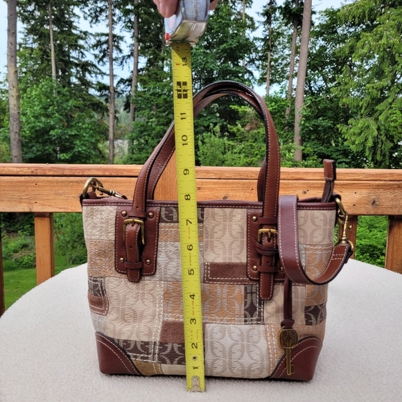 Fossil Signature Fabric Suede Patchwork Double Handle Satchel Crossbody Handbag - Picture 11 of 13